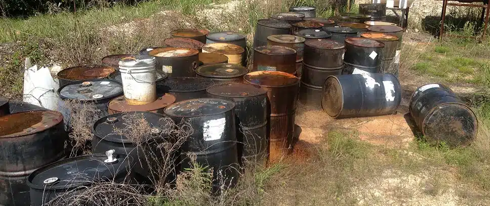Labeled steel drums staged for hazardous waste pickup.